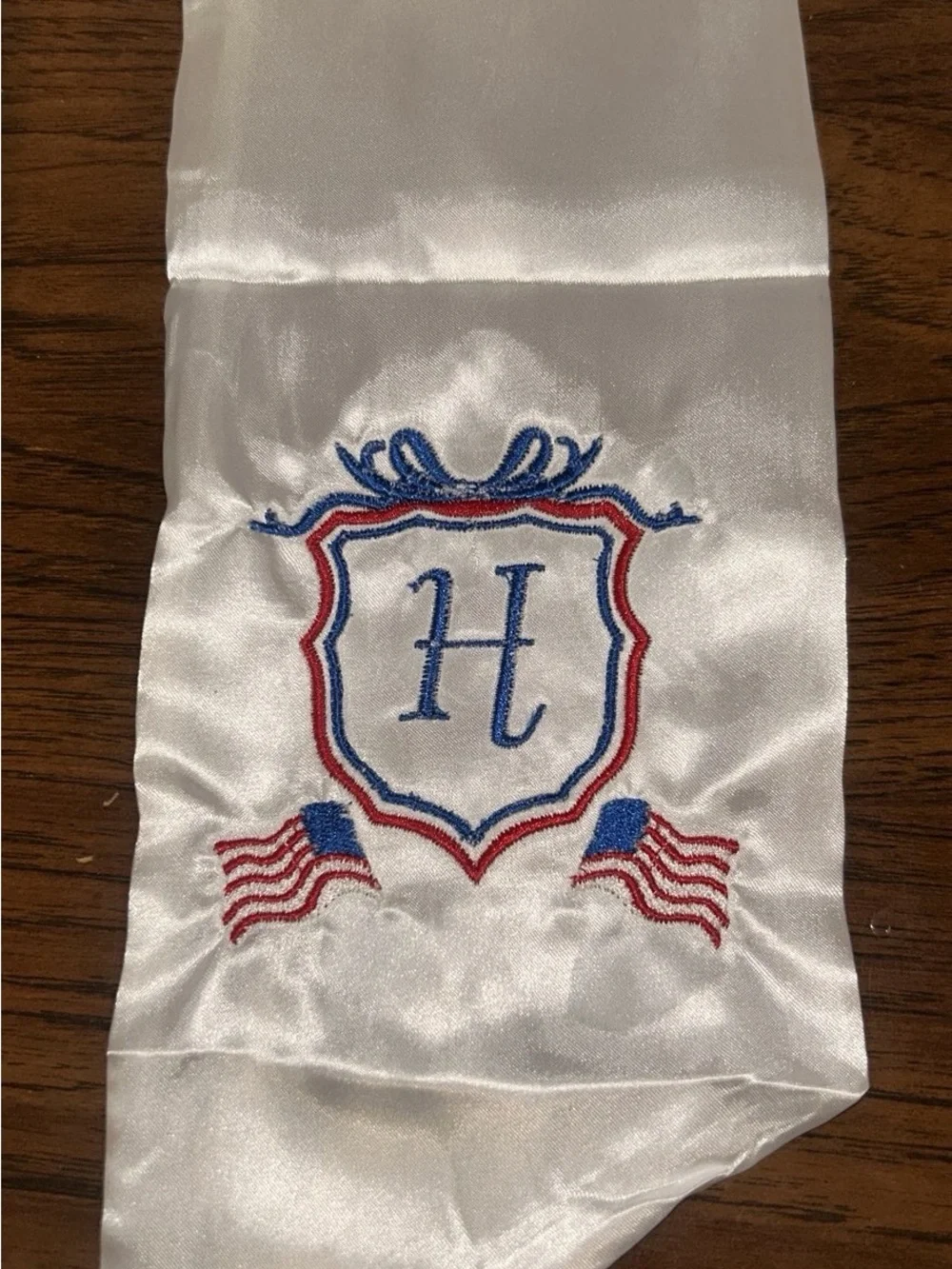 White Satin Scarf with Embroidered American Flags